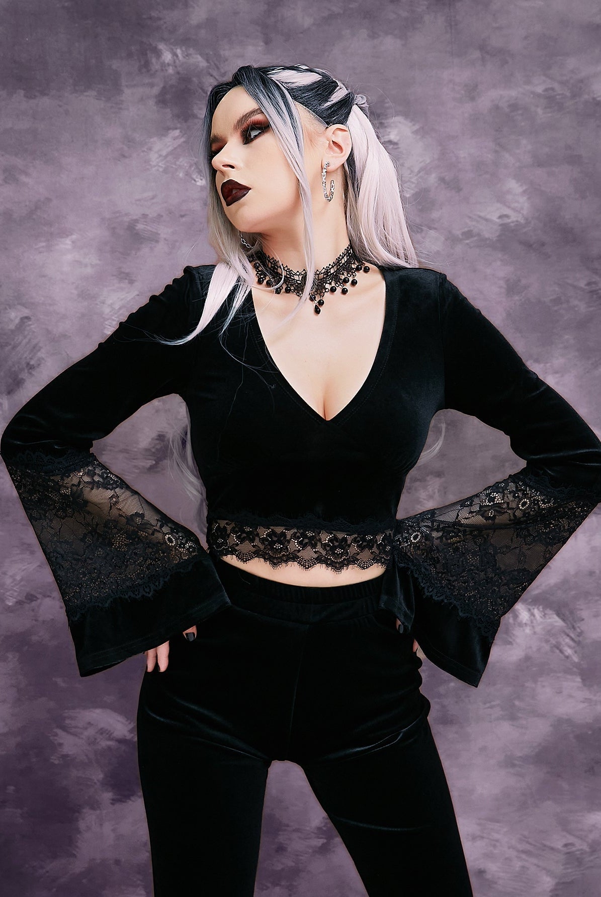 Black velvet crop top with contrast lace sleeves, glamorous fall/winter fashion