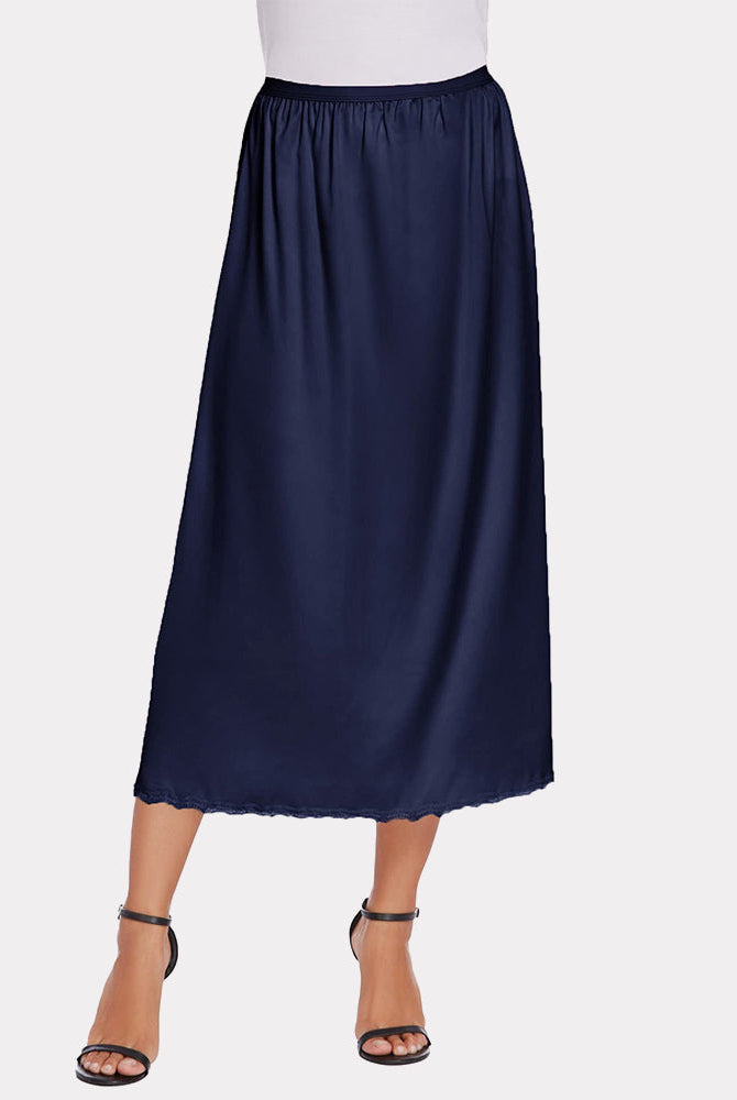 Navy blue satin half slip, lace trim. Elegant long underskirt for layering.