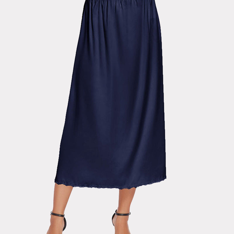 Navy blue satin half slip, lace trim. Elegant long underskirt for layering.