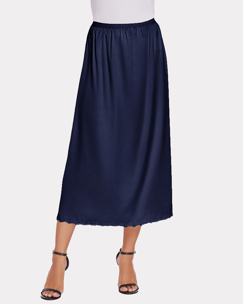 Navy blue satin half slip, lace trim. Elegant long underskirt for layering.