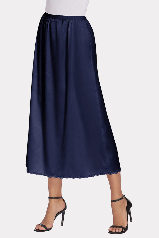 Navy blue satin half slip underskirt with lace trim, elastic waist, and flare silhouette