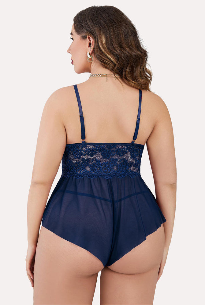 Plus size navy blue lace teddy bodysuit with adjustable straps and ruffle hem