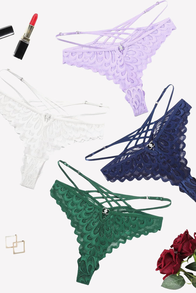 Lace thong panties in multiple colors with criss-cross back design. Sexy lingerie.