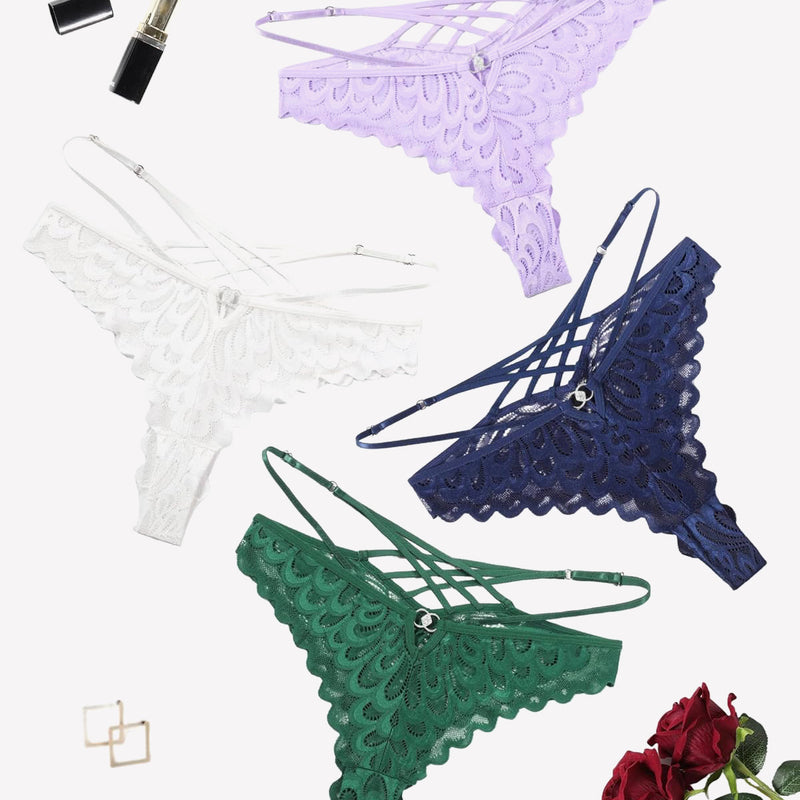 Lace thong panties in multiple colors with criss-cross back design. Sexy lingerie.