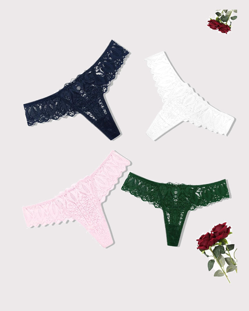 Lace thong set with scalloped trim and cross-back design; black, white, pink, dark green.