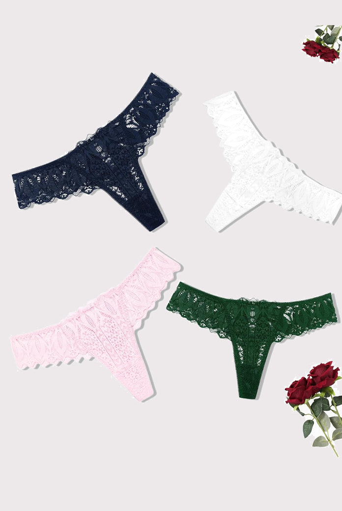 Lace thongs in navy, white, pink, and green. Low waist, cross-back design. Sexy lingerie.