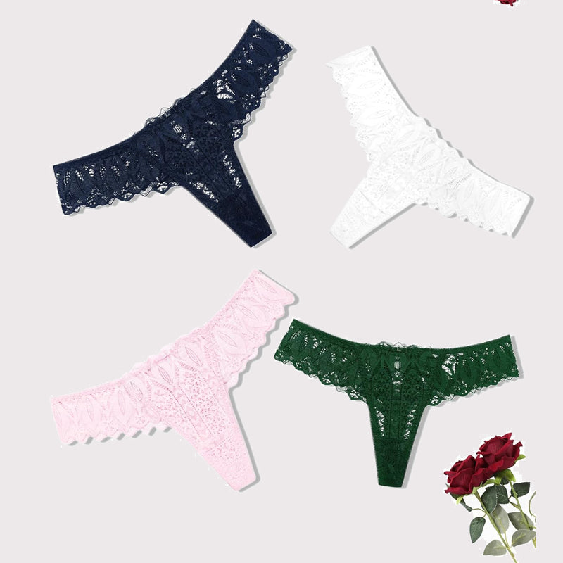 Lace thongs in navy, white, pink, and green. Low waist, cross-back design. Sexy lingerie.