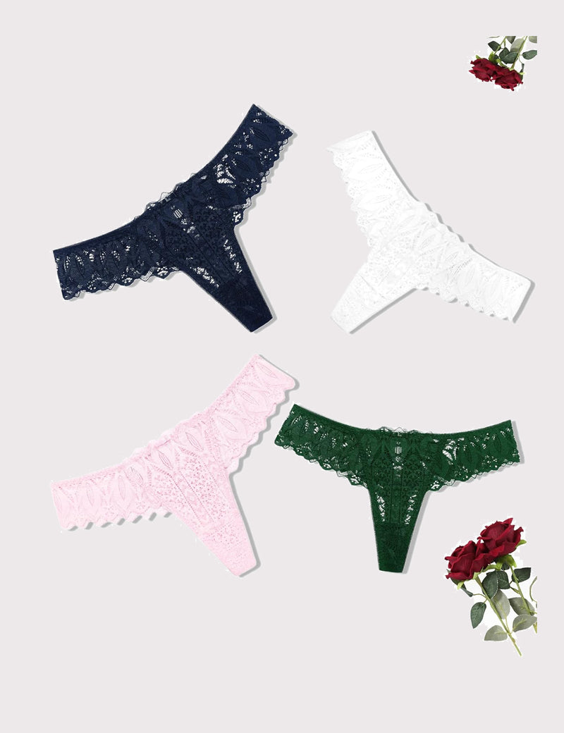Lace thongs in navy, white, pink, and green. Low waist, cross-back design. Sexy lingerie.