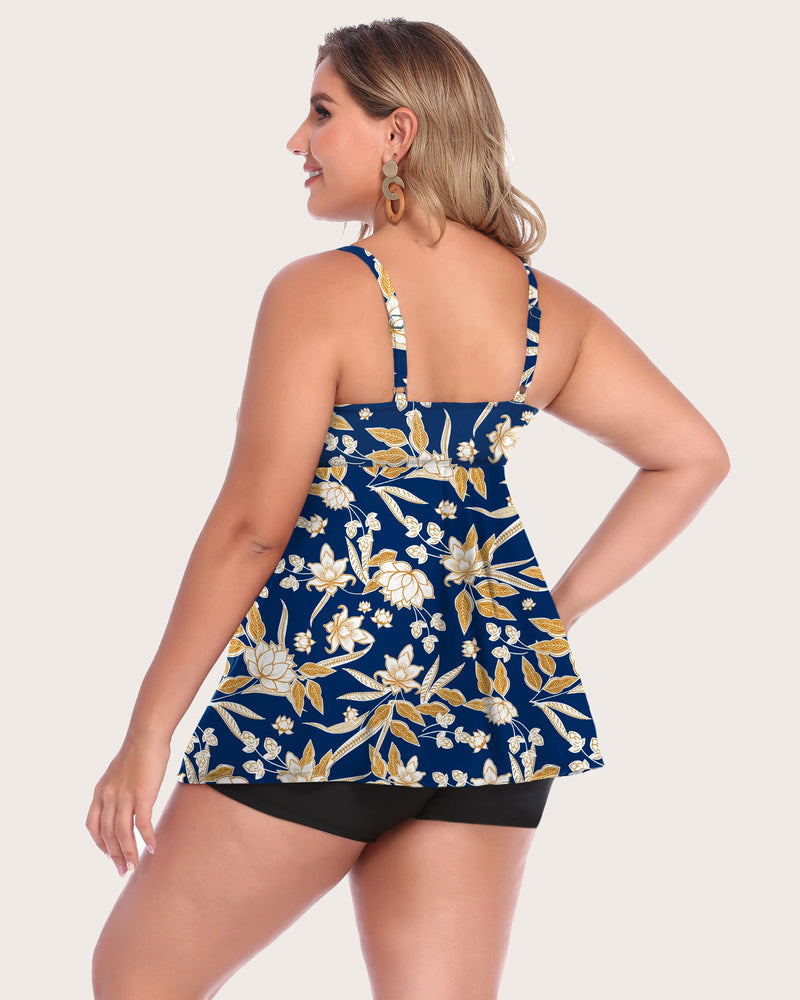 Navy floral tankini swimsuit with adjustable straps. Retro swimwear for sun protection.