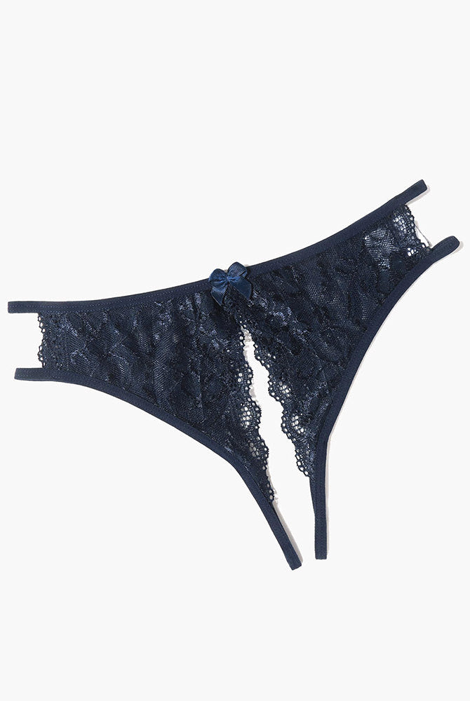 Navy blue floral lace panties with cut-out and bow design; low-rise lingerie for a flirty look