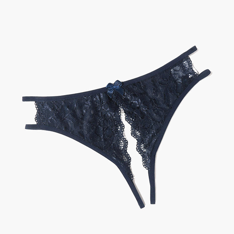 Navy blue floral lace panties with cut-out and bow design; low-rise lingerie for a flirty look