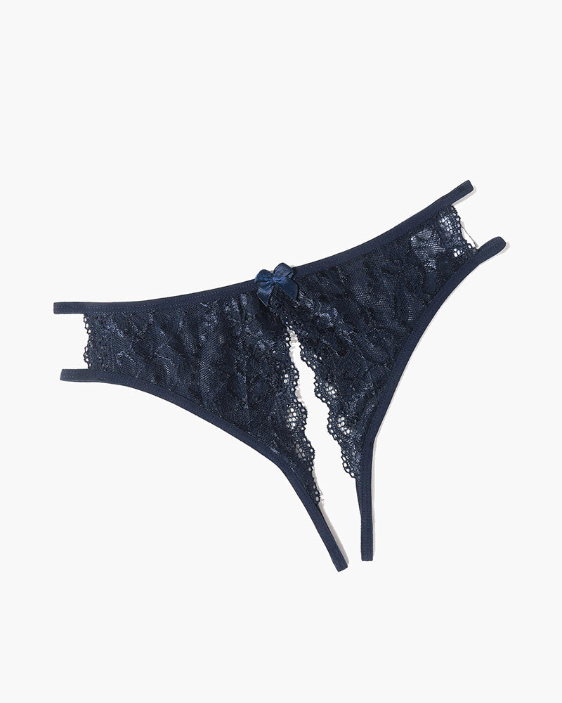 Navy blue floral lace panties with cut-out and bow design; low-rise lingerie for a flirty look