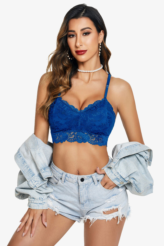 Blue floral lace bralette with denim shorts. Sexy lingerie by Avidlove. V-neck crop top.
