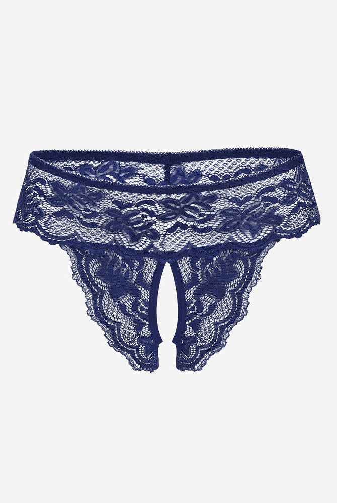 Avidlove navy blue lace open-back hipster lingerie, low rise design for comfort.
