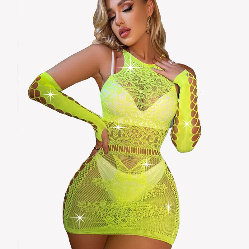 Neon green fishnet chemise lingerie set with gloves, sexy design for confident women, lace detailing