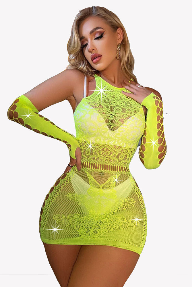 Neon green fishnet chemise lingerie set with gloves, sexy design for confident women, lace detailing