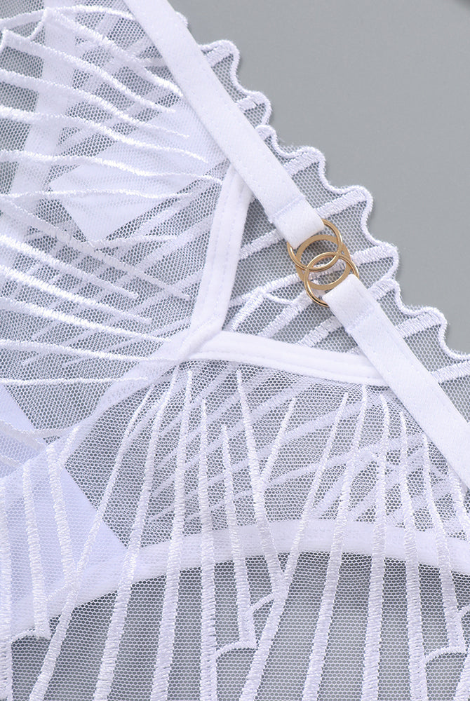 White lace lingerie bra with adjustable straps and delicate details, sweet yet seductive