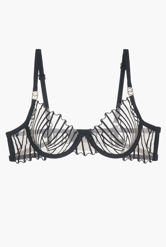 Embroidered black bra with lace details, adjustable straps, and a seductive design.