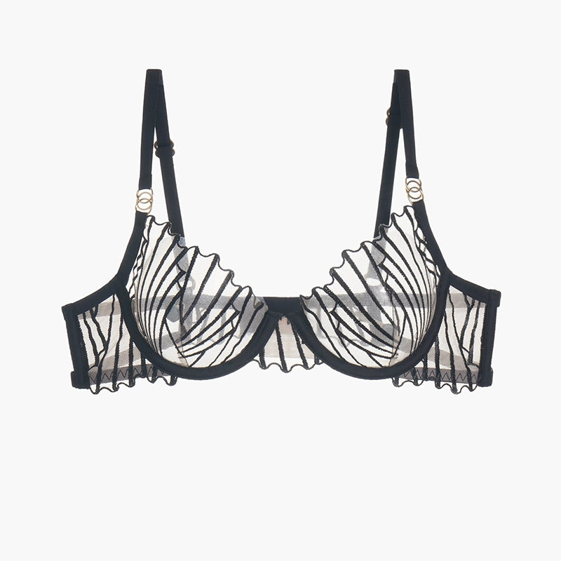 Embroidered black bra with lace details, adjustable straps, and a seductive design.