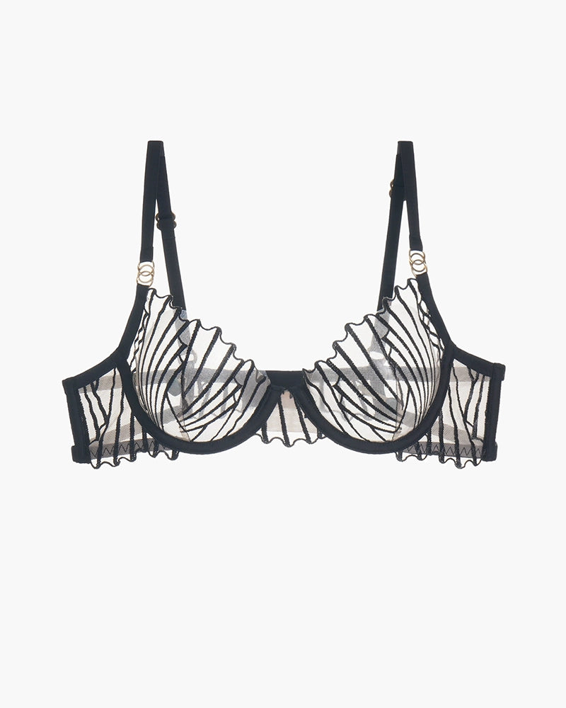 Embroidered black bra with lace details, adjustable straps, and a seductive design.