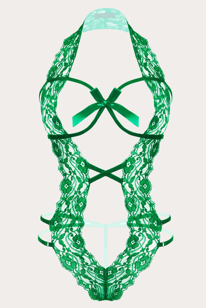 Green lace halter bodysuit with deep V-neck and bow detail. Sexy lingerie for women.