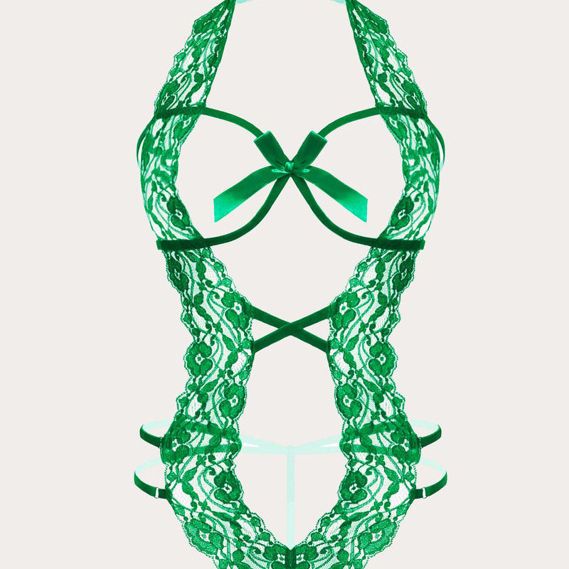 Green lace halter bodysuit with deep V-neck and bow detail. Sexy lingerie for women.