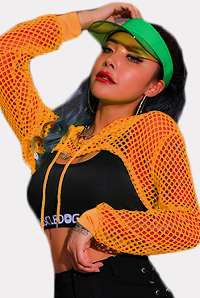 Yellow mesh fishnet crop top, black bra, green visor. Sexy lingerie from Avidlove.