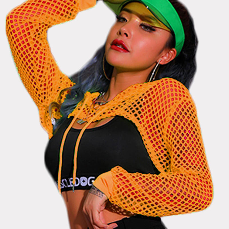 Yellow mesh fishnet crop top, black bra, green visor. Sexy lingerie from Avidlove.