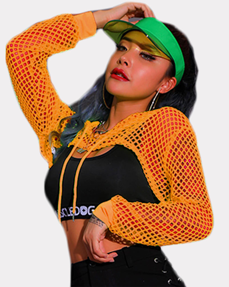 Yellow mesh fishnet crop top, black bra, green visor. Sexy lingerie from Avidlove.