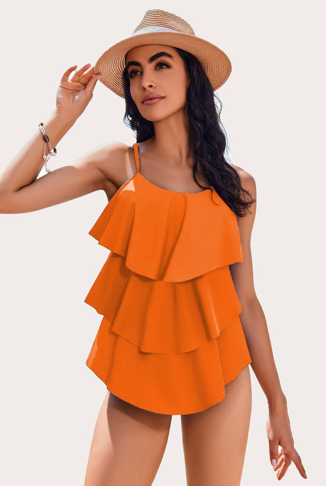 Orange Ruffle Tankini Swimsuit with layered design for women, beachwear ready.