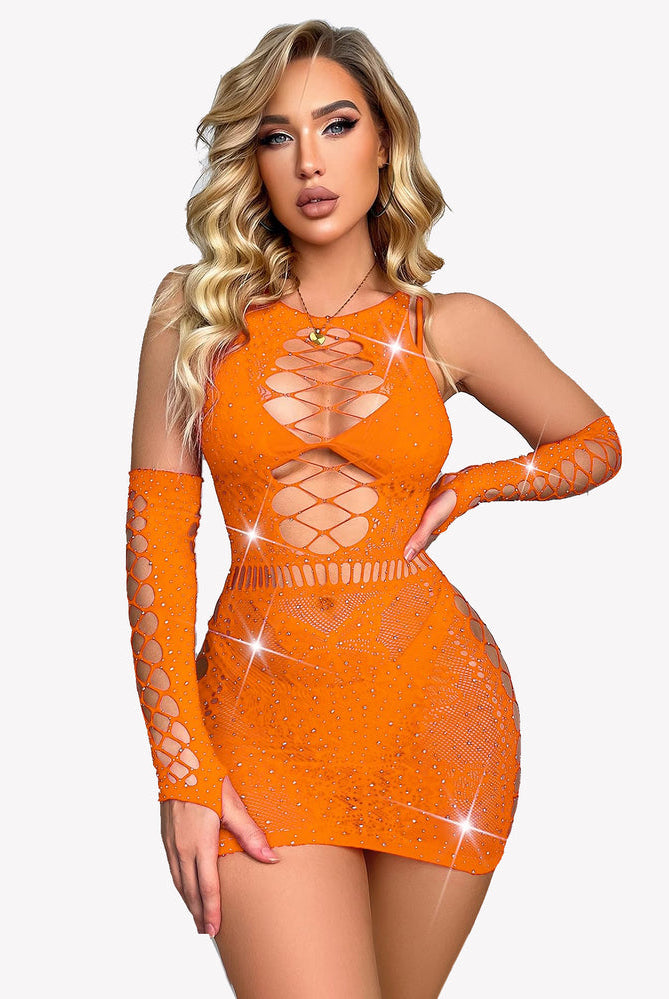 Orange rhinestone fishnet chemise and gloves lingerie set, sexy cut-out design for confident women