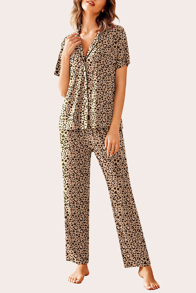 Leopard print pajamas set: Button-down shirt and long pants. Soft, comfortable sleepwear.