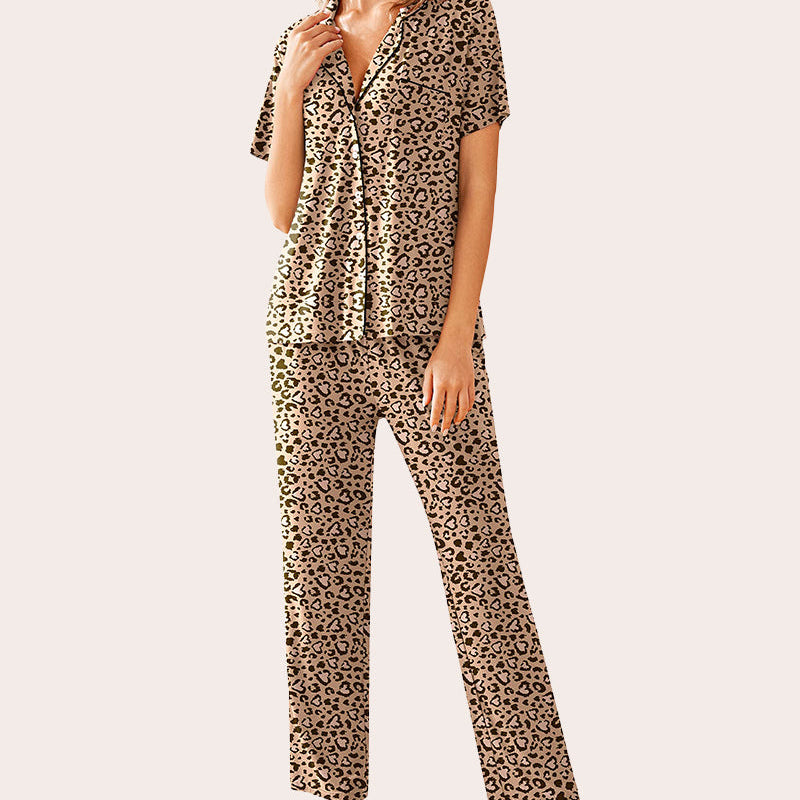 Leopard print pajamas set: Button-down shirt and long pants. Soft, comfortable sleepwear.