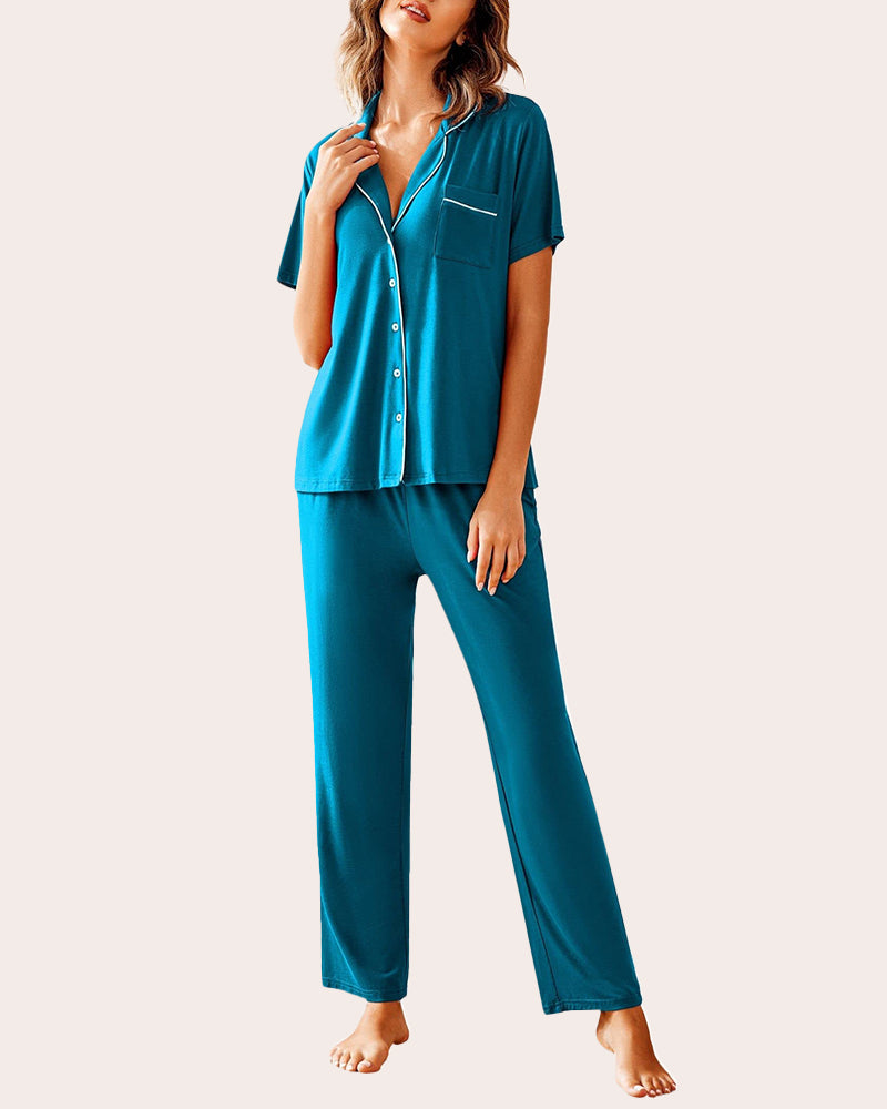 Teal pajama set for women. Button-down shirt and long pants. Comfortable sleepwear.