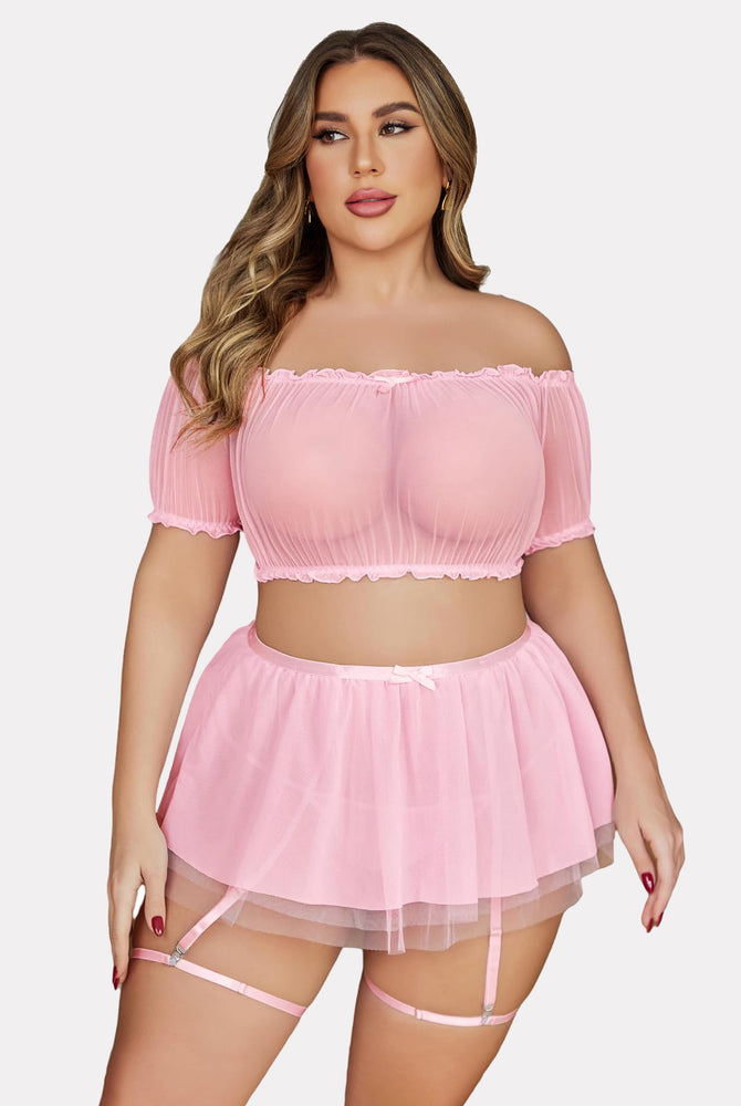 Plus size pink mesh lingerie set: off-shoulder, garter skirt, honeymoon ready