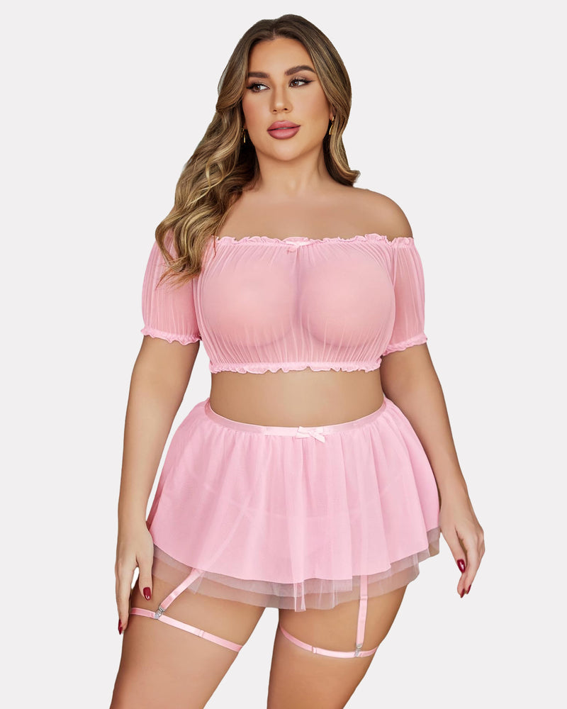Plus size pink mesh lingerie set: off-shoulder, garter skirt, honeymoon ready