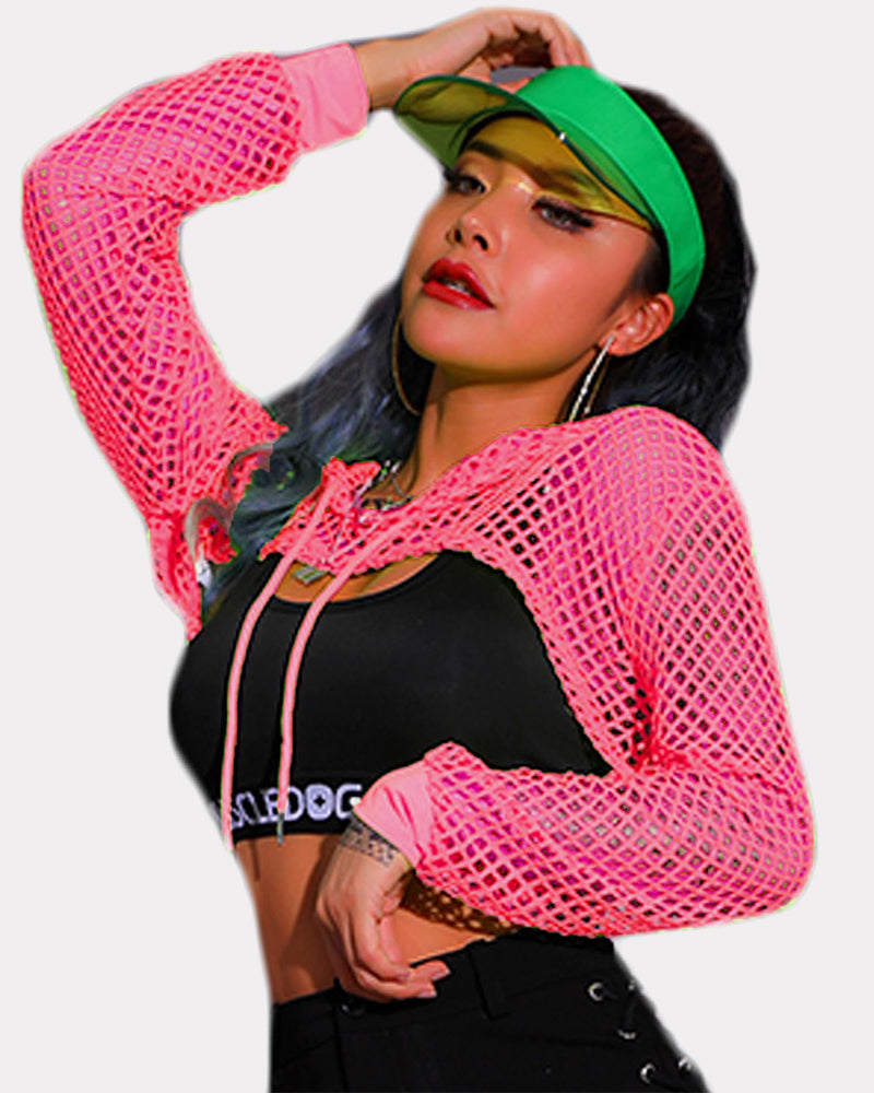 Pink mesh fishnet crop top, black bra, green visor. Sexy Avidlove lingerie for confidence.