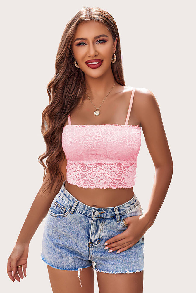 Pink lace bralette. Sexy lingerie with adjustable straps and denim shorts. Avidlove.