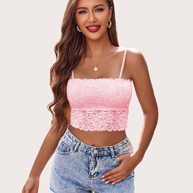 Pink lace bralette. Sexy lingerie with adjustable straps and denim shorts. Avidlove.