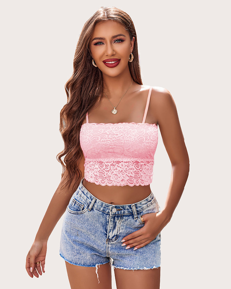 Pink lace bralette. Sexy lingerie with adjustable straps and denim shorts. Avidlove.