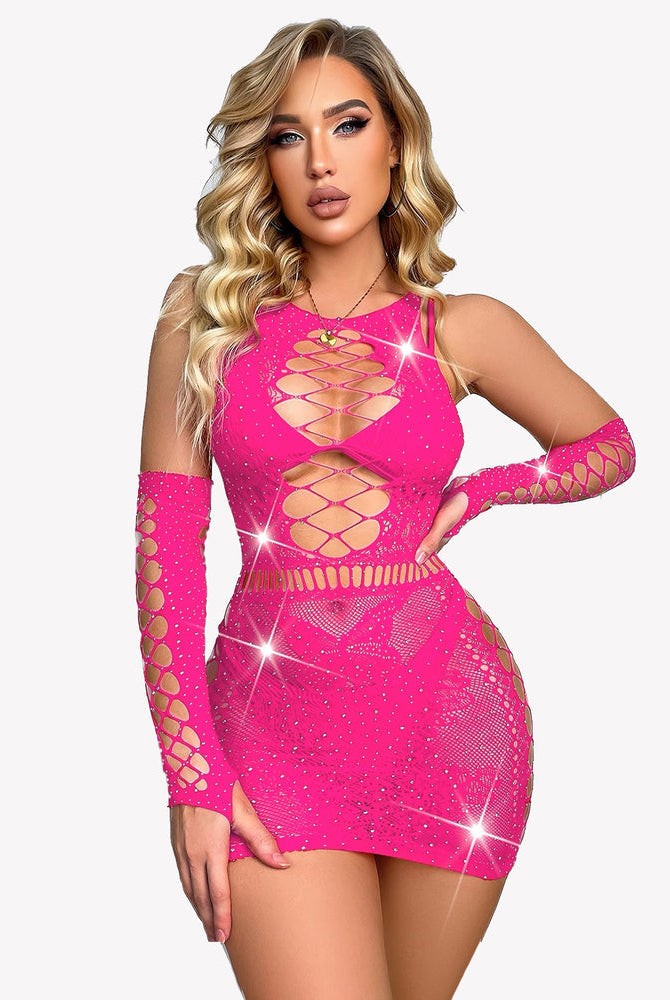 Rhinestone fishnet chemise with gloves, hot pink lingerie. Sexy, confident, cut-out design.