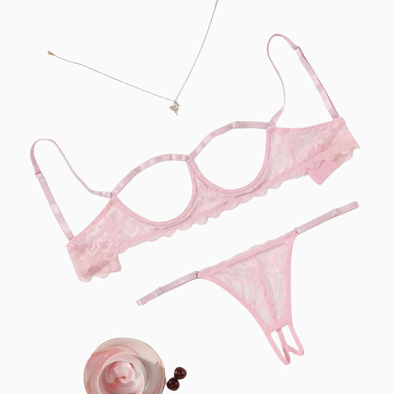Pink Avidlove cupless bra and panty set. Sexy lingerie with lace details. Adjustable straps.