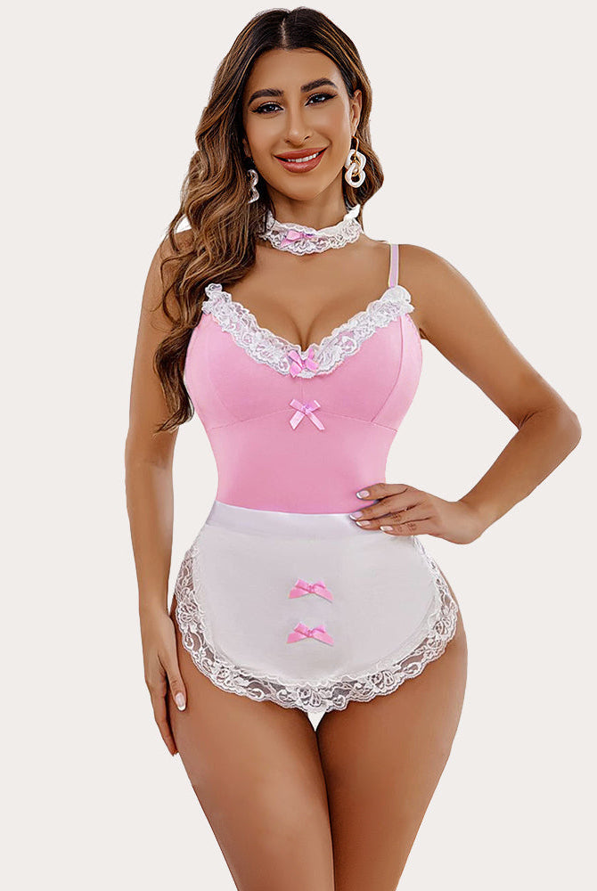 Pink maid costume lingerie set with lace trim, bow accents, and apron for a sexy look