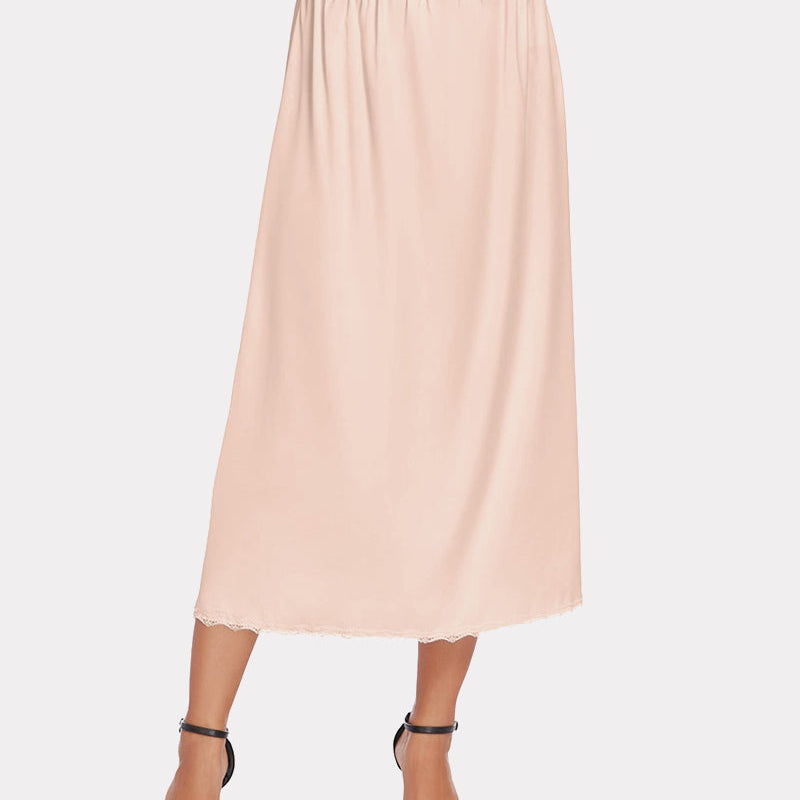 Peach satin half slip long underskirt with lace trim, elegant and comfortable design for women