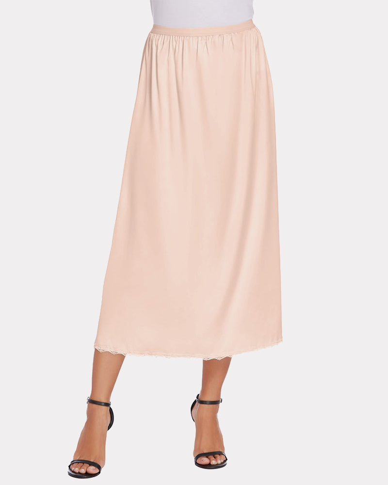 Peach satin half slip long underskirt with lace trim, elegant and comfortable design for women