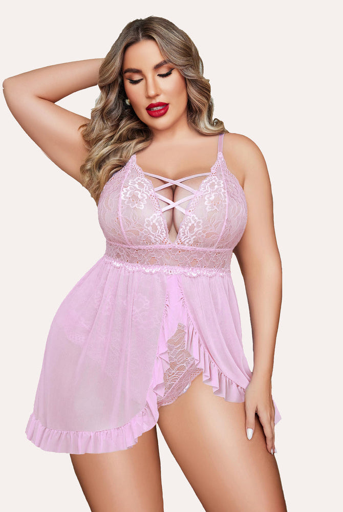 Plus Size Light Pink Babydoll Lingerie with Criss-cross Straps and Ruffle Hem