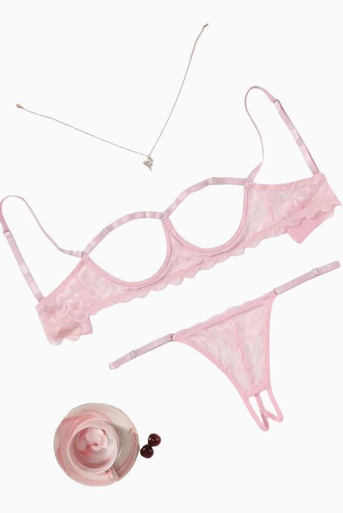 Avidlove pink lace lingerie set: open bust bra and thong, adjustable straps. Sexy lingerie