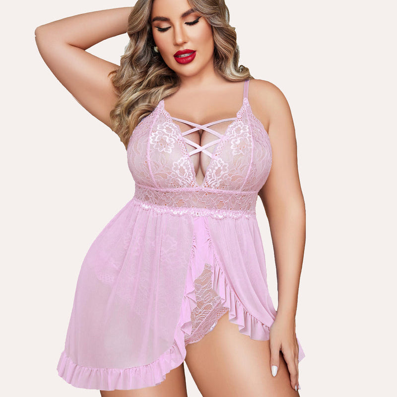 Plus Size Pink Babydoll Lingerie with Lace Bodice, Criss-cross Straps, and Ruffle Hem