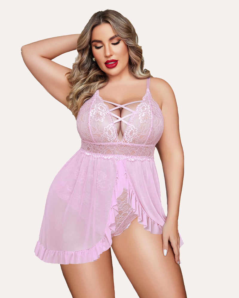Plus Size Pink Babydoll Lingerie with Lace Bodice, Criss-cross Straps, and Ruffle Hem