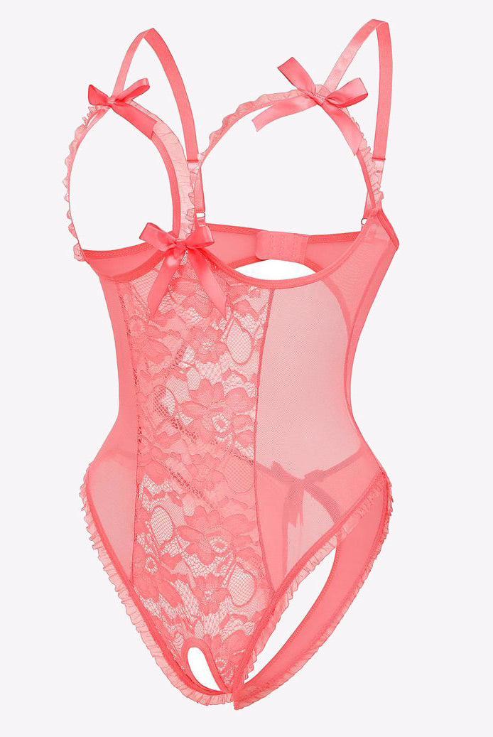 Coral lace cut-out bodysuit, adjustable straps, backless with bow accents. Sexy, bold lingerie.